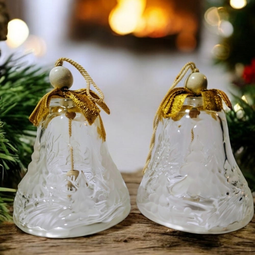 Set Of 2 VTG Original Walther Glass German Crystal Christmas Bells Winter Scene